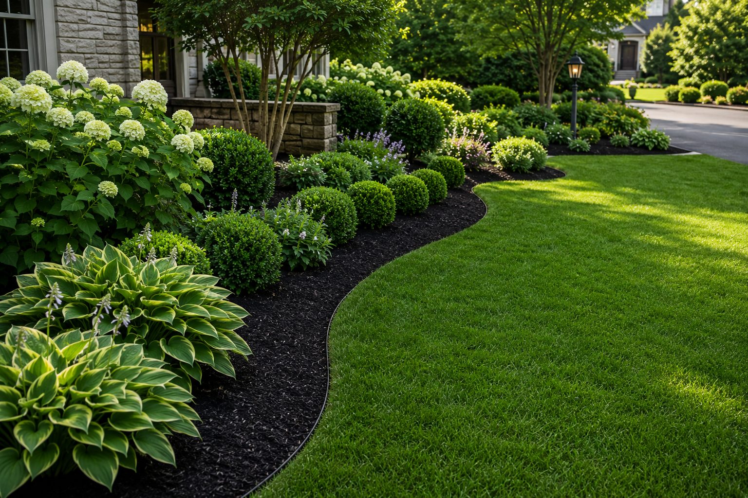 Curved mulch bed with hydrangeas and boxwood along a stone home
