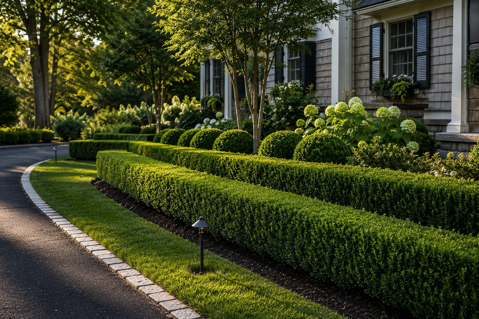 Clean boxwood hedge row along a driveway curb