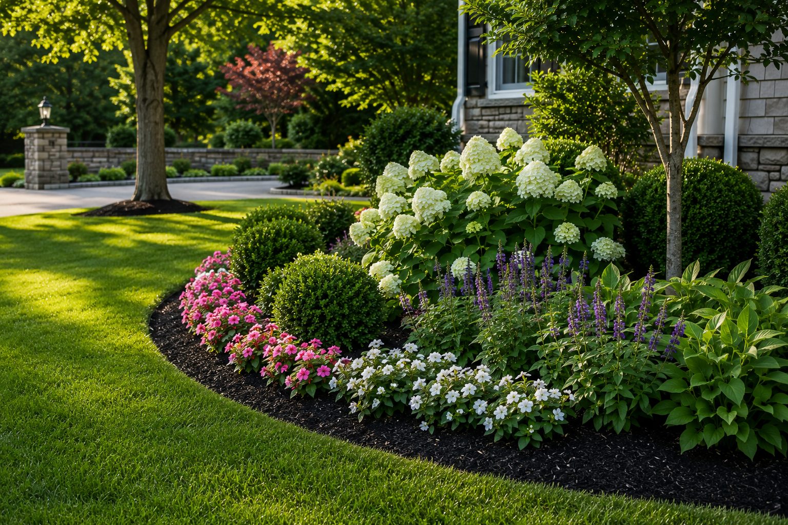 Colorful annual and perennial bed with hydrangeas