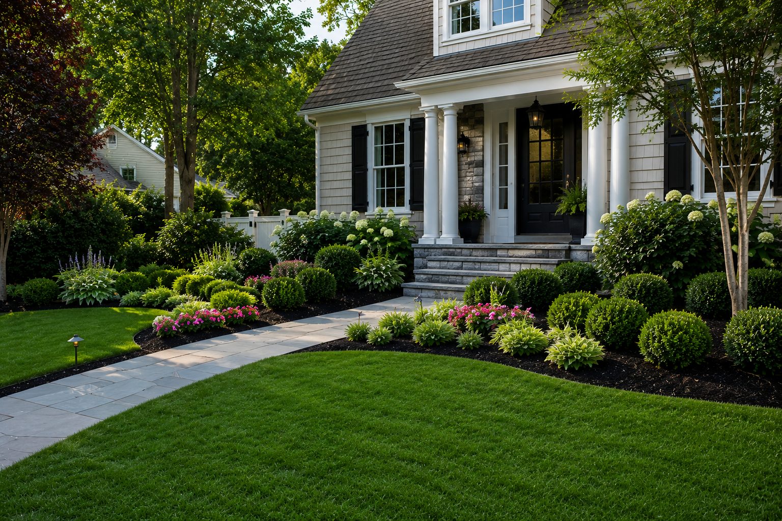 Manicured front entrance walkway and planting beds